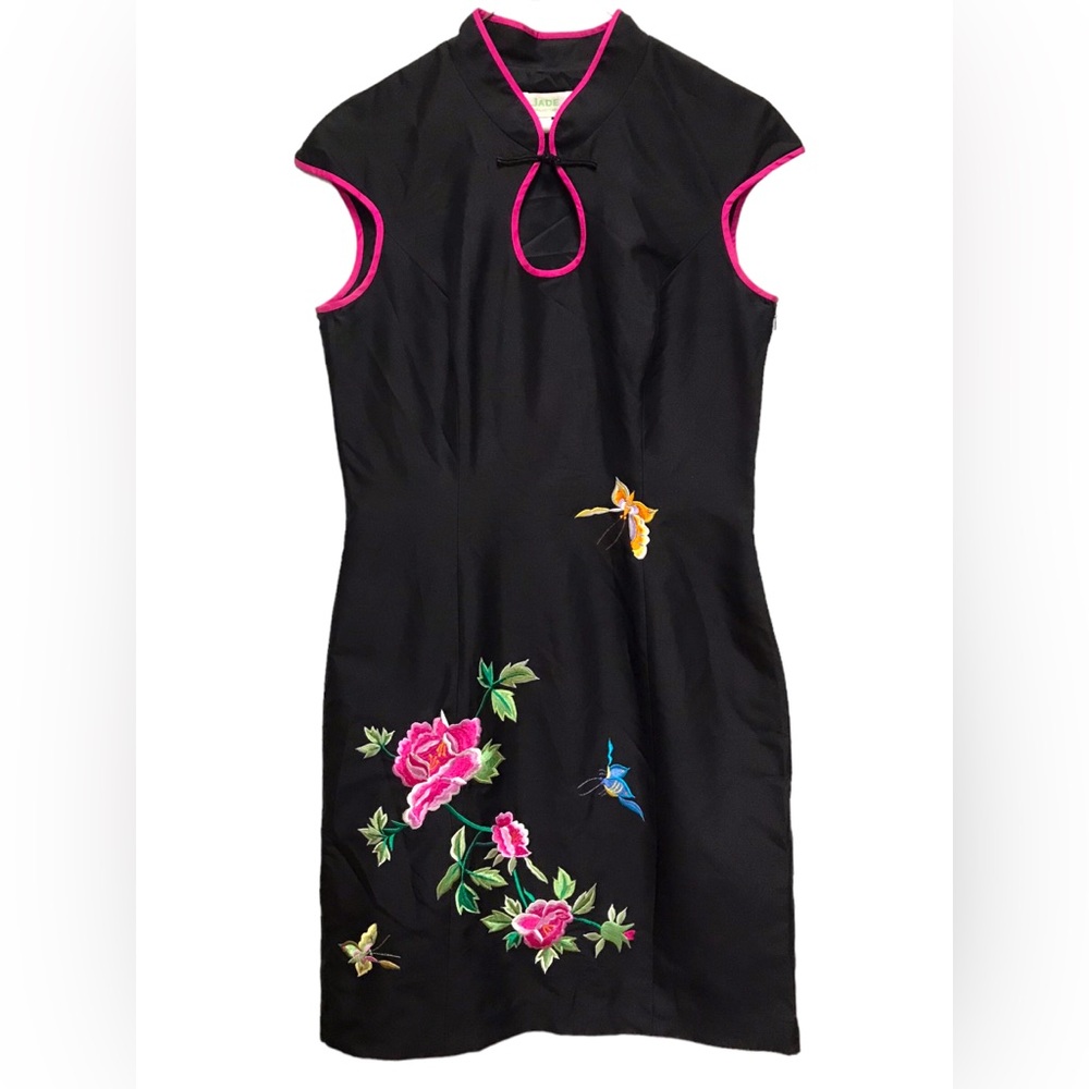 Y2K Cap Sleeve Asian Inspired Knee Length Black Floral And Butterfly Embroidered